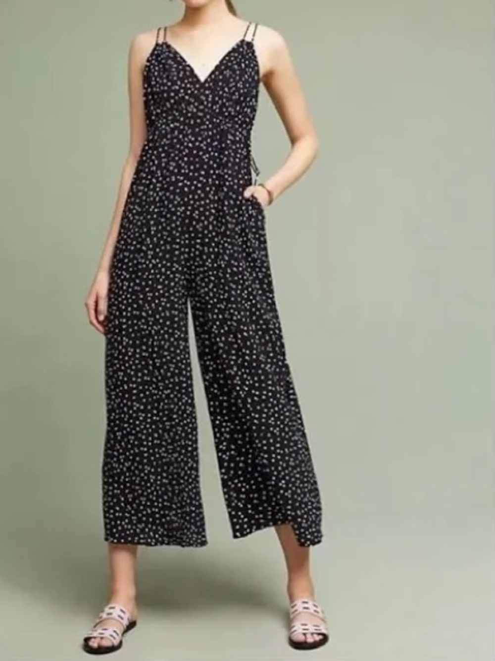 Anthro Maeve Black Polka Dot V-Neck Spaghetti Strap Wide Leg Jumpsuit Size 14